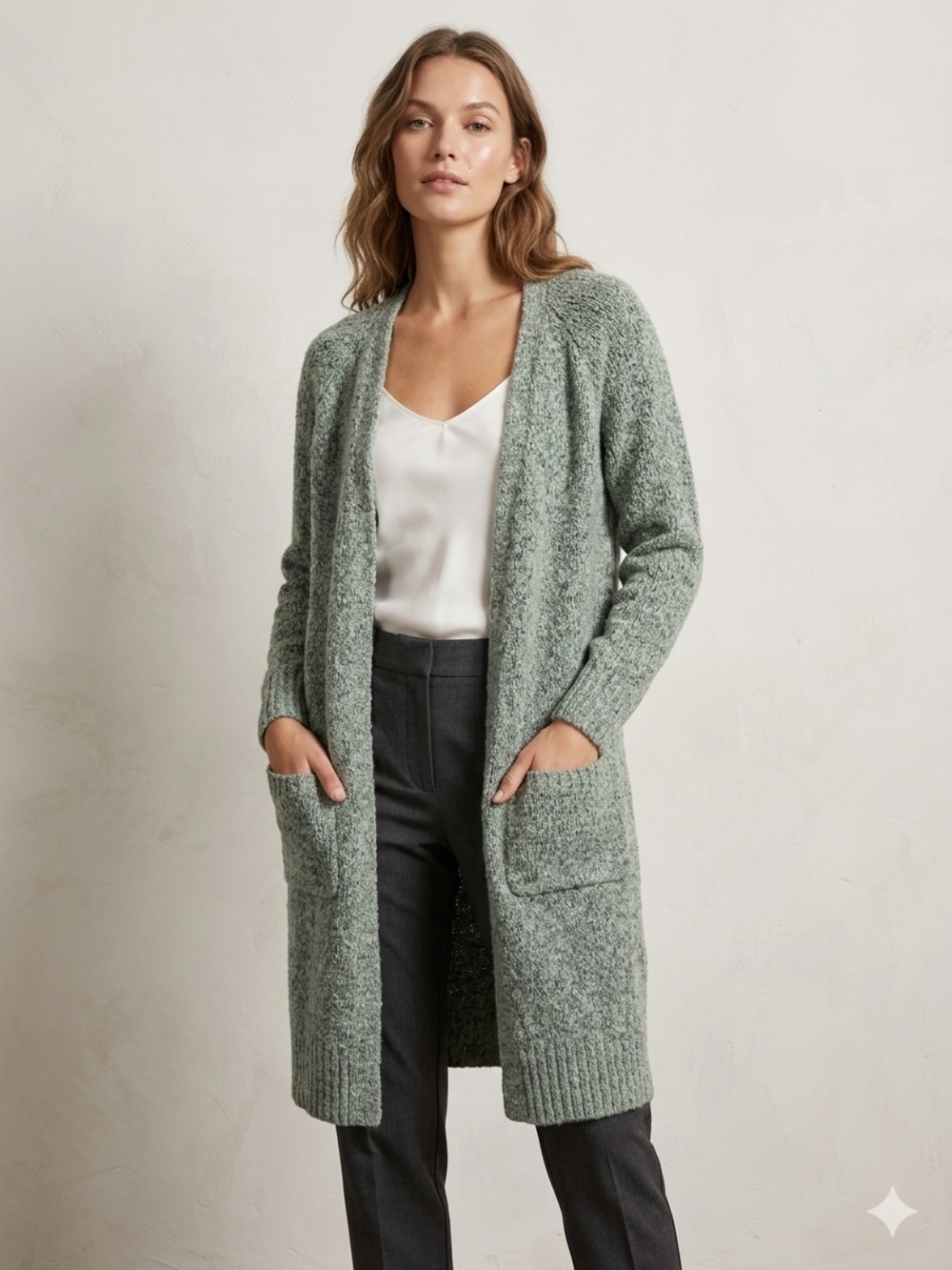 RW&CO Knit Open Front Knee Length Cardigan Sage Grewn